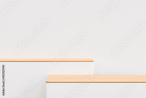 Fototapeta Naklejka Na Ścianę i Meble -  wood on Empty abstract blank table - empty copy space for design and product display, white empty geometrical background stage for product placement, 3d render