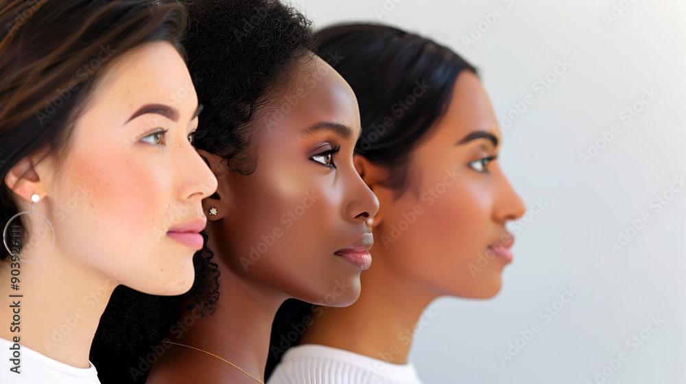 Portrait of Three Diverse Young Women of Different Ethnicities, Social and Racial Diversity and Inclusion, Profile View, Women Empowerment, Skin Tones. Portrait of Three Diverse Young Women of Different Ethnicities, Social and Racial Diversity and Inclusion, Profile View, Women Empowerment, Skin Tones.