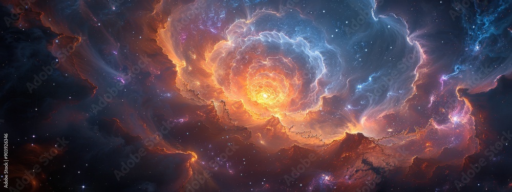Swirling Symphony: A vibrant nebula in a spiral form, showcasing a breathtaking dance of color - blues, pinks, and oranges - with hints of dark dust clouds adding depth. Swirling Symphony: A vibrant nebula in a spiral form, showcasing a breathtaking dance of color - blues, pinks, and oranges - with hints of dark dust clouds adding depth.