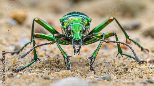 Wallpaper Mural Metallic Green Tiger Beetle in Detailed CloseUp on Sandy Ground for Nature and Wildlife Photography Torontodigital.ca