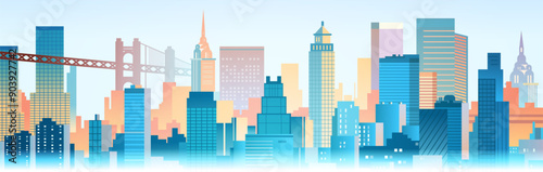 City skyline modern skyscrapers urban landscape colorful buildings bridge background
