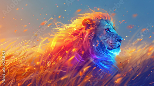 A colorful lion with a fiery mane is standing in a field of grass © siriwan