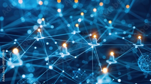 A network of interconnected dots and lines surrounding a team, illustrating collaboration and communication, system data deep learning, binary connection, people communication to information cloud