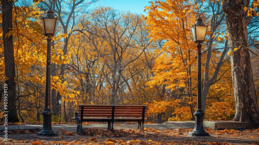 A park scene with a bench and two street lamps. The trees are full of leaves and the sky is blue A park scene with a bench and two street lamps. The trees are full of leaves and the sky is blue