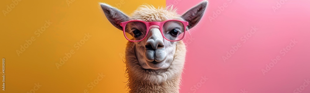 Llama wearing pink glasses on a pink and yellow background, Animal background, Banner Llama wearing pink glasses on a pink and yellow background, Animal background, Banner