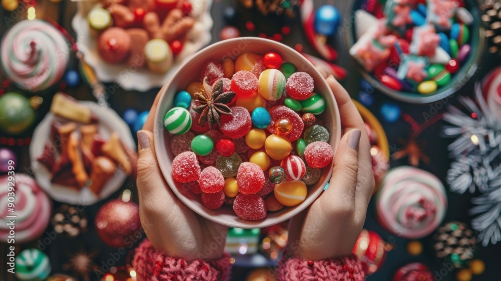 A photo of hands holding a bowl with colorful candies in a top view on a table full of sweets and decorations A photo of hands holding a bowl with colorful candies in a top view on a table full of sweets and decorations