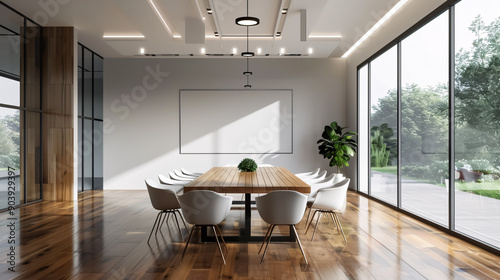 Modern meeting room with solid wood table photo