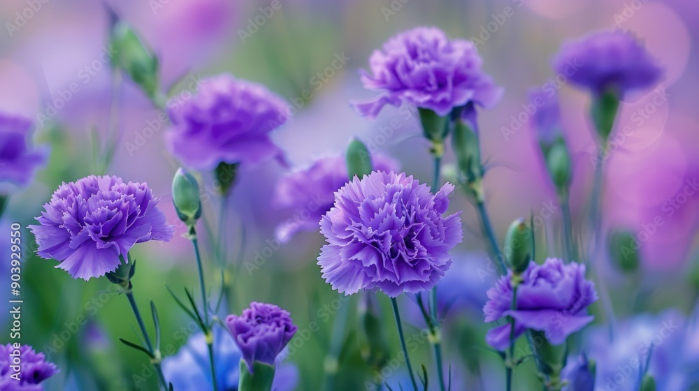 A photo of purple blue violet carnations flowers in the field, with a blurry background A photo of purple blue violet carnations flowers in the field, with a blurry background
