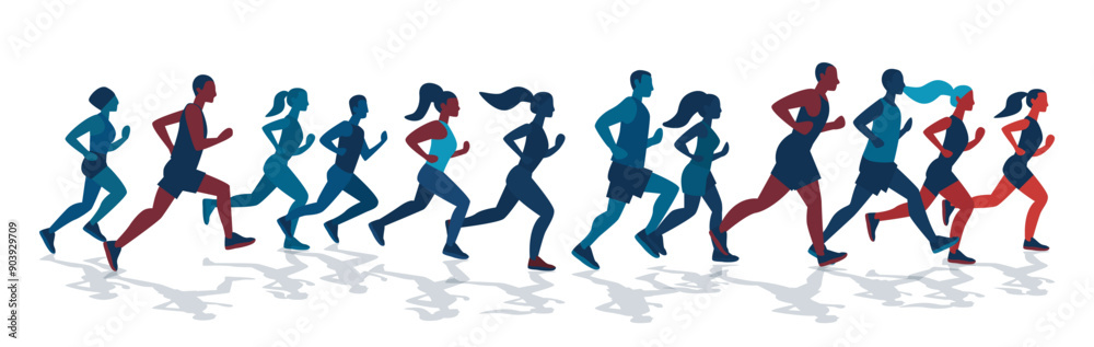 Group of running people diverse community athletic activity dynamic silhouettes in various poses colorful abstract design isolated white background Group of running people diverse community athletic activity dynamic silhouettes in various poses colorful abstract design isolated white background