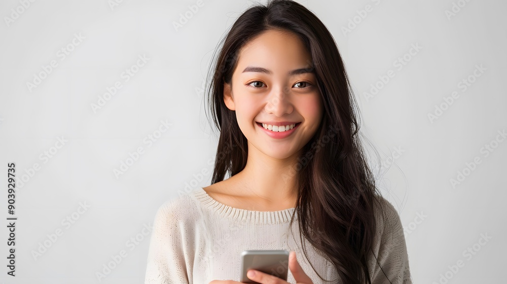 Cheerful Asian Woman Embracing Technology. Lifestyle concept Cheerful Asian Woman Embracing Technology. Lifestyle concept