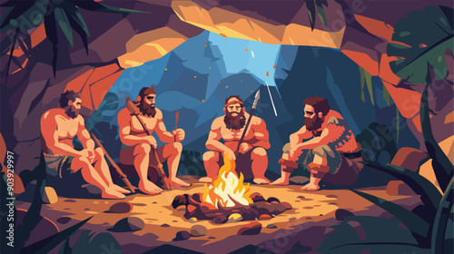 Ancient Primitive People Concept: Men in Cave