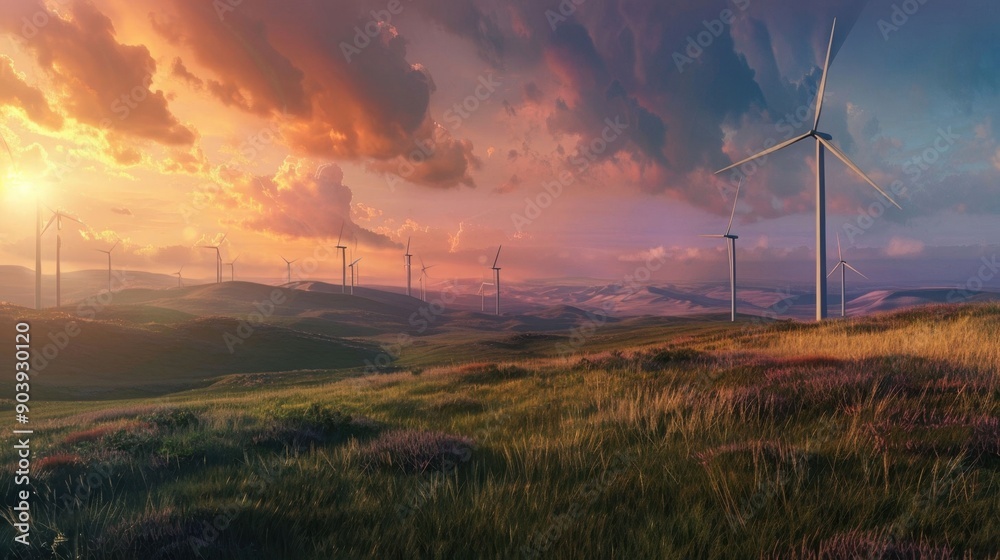 Obraz premium A field of wind turbines with a beautiful sunset in the background
