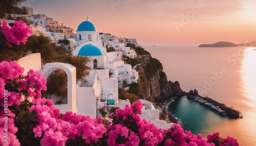 A stunning coastal village with pristine whitewashed buildings and blue-domed churches, perched on cliffs overlooking a crystal-clear turquoise sea.