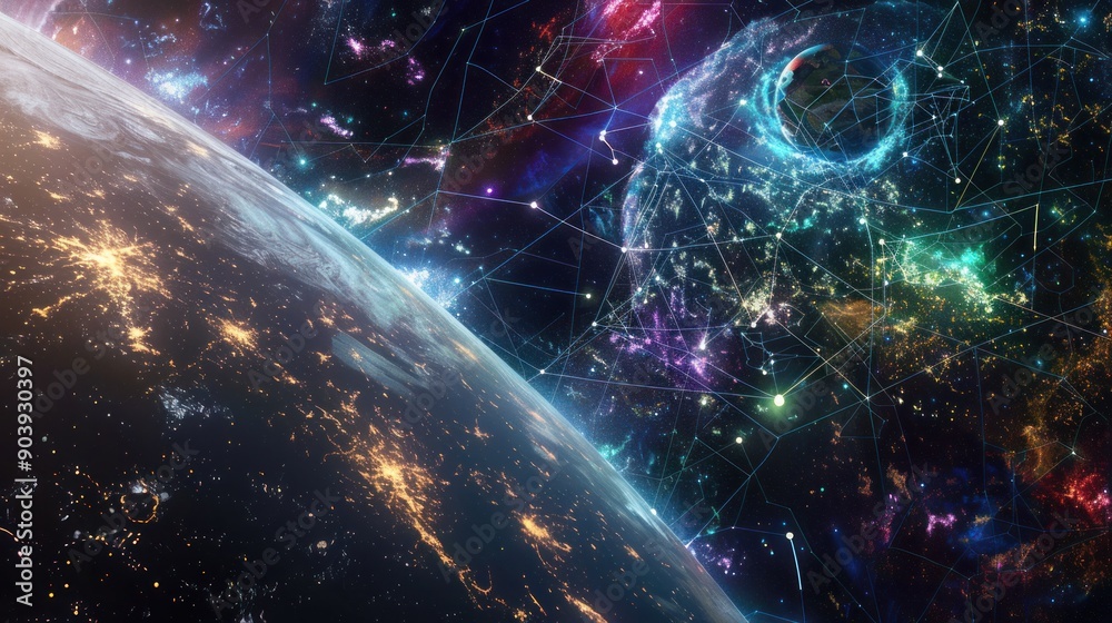 A planet with a network of lines connecting it to other planets. The lines are glowing with different colors, creating a sense of interconnectedness and unity A planet with a network of lines connecting it to other planets. The lines are glowing with different colors, creating a sense of interconnectedness and unity