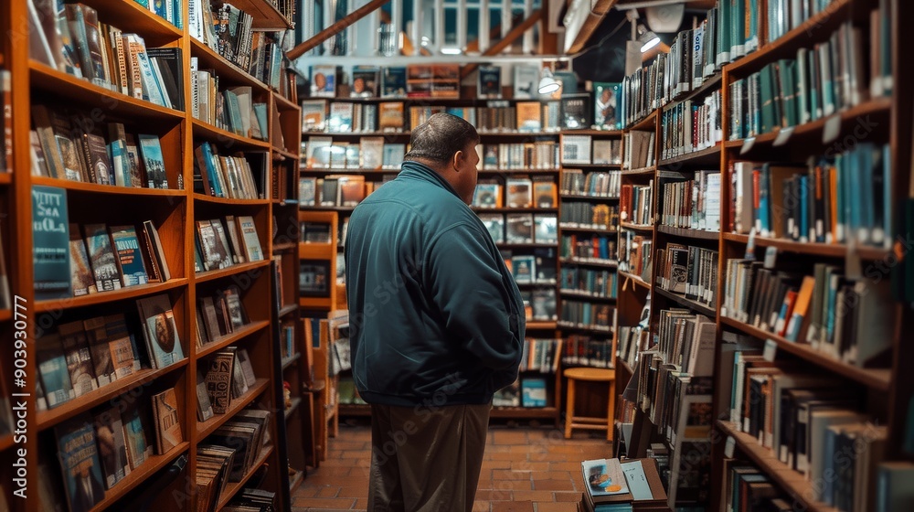 Fat man browsing a bookstore, looking for his next great read Fat man browsing a bookstore, looking for his next great read