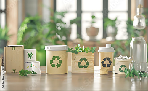 A bamboo product with clear FSC certification labeling, surrounded by other eco - friendly symbols like recycling logos photo