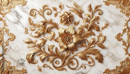 Marble wall design with golden floral pattern, elegant design, luxurious decor, high quality texture marble, gold ornament details, classic style,baroque design
