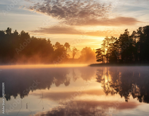Serene view at dawn with mist gently rising over tranquil lake. Nature landscape with forest trees.