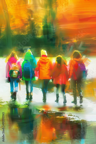 A group of children goes to school