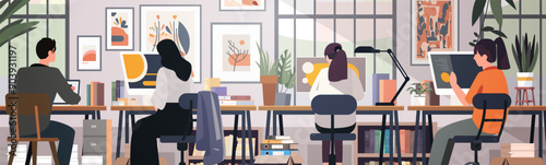Coworking space modern office people working collaborative environment desks computers plants bookshelves wall art windows