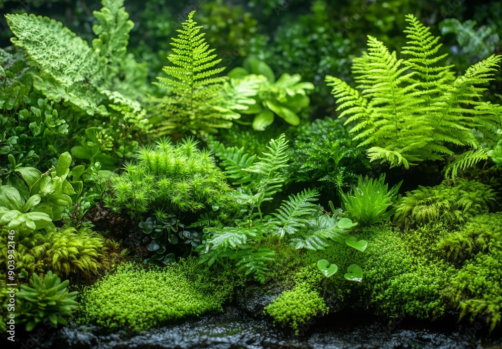 Detailed shot of various mosses and ferns growing together on a damp forest floor, highlighting their textures and shades of green Detailed shot of various mosses and ferns growing together on a damp forest floor, highlighting their textures and shades of green