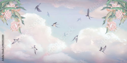 Fototapeta Naklejka Na Ścianę i Meble -  Drawing swallows fly in the summer sky. Frame of tropical leaves and flowers. Swallows fly in the summer sky. Watercolor drawing of sky and birds. Flying birds in the sky. Mural for walls.