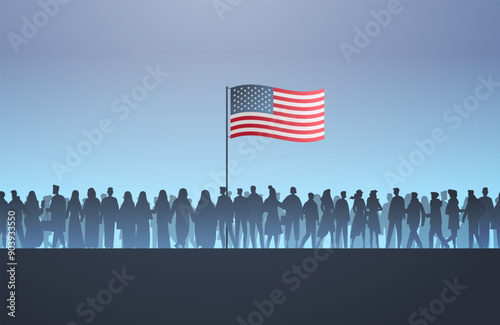 US presidential election crowd American flag silhouette of diverse people standing together blue sky background
