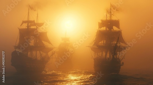 Silhouettes of Ships at Sunset