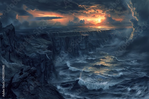 Dark storm clouds gather over a raging sea crashing against sharp cliffs photo