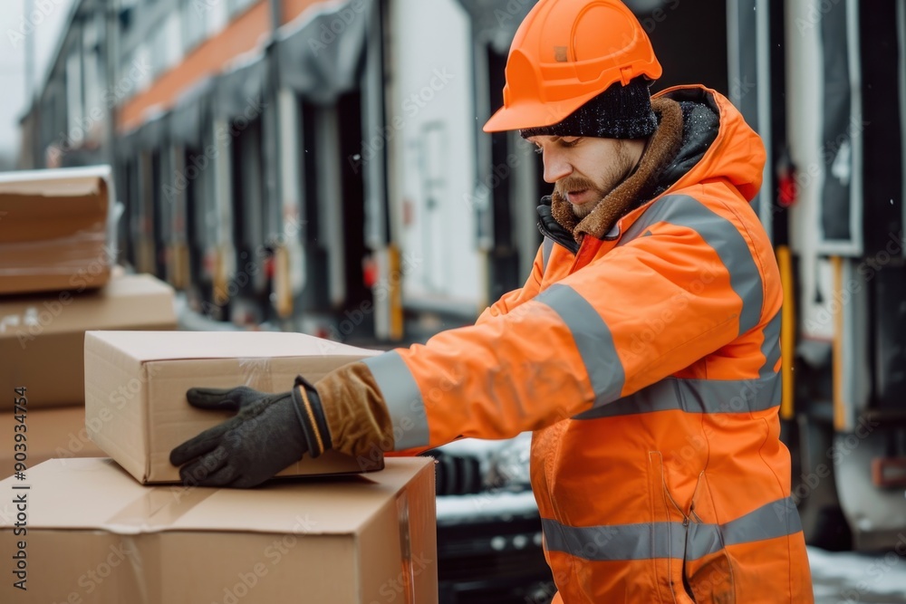 Transport worker boxes. Worker moving around boxes for transport Transport worker boxes. Worker moving around boxes for transport