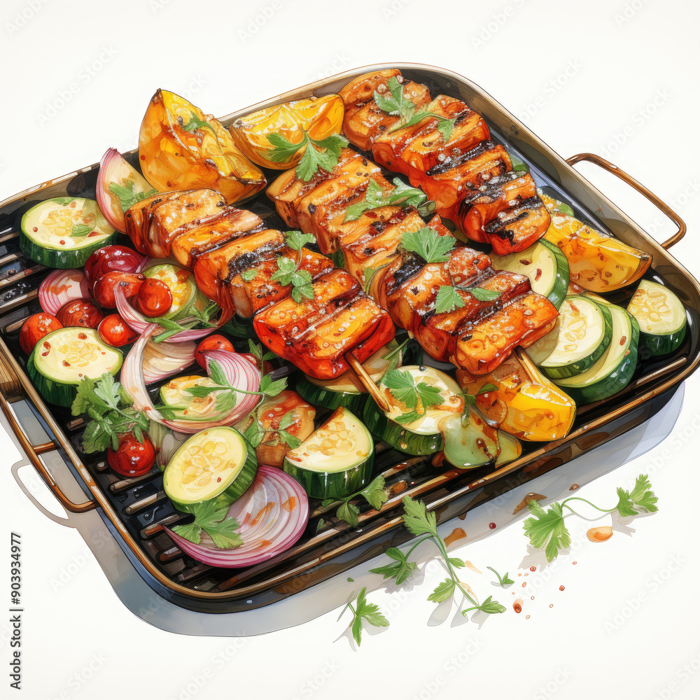 Watercolor Grilled marina, clipart Illustration, Generative Ai Watercolor Grilled marina, clipart Illustration, Generative Ai