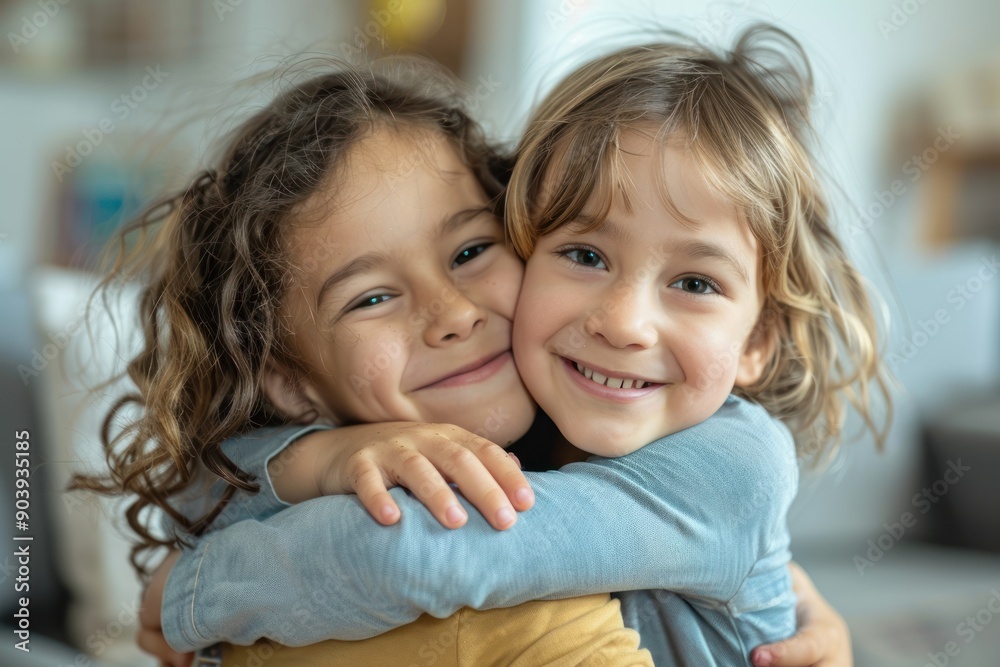 Two child friends in therapy hug each other. Happy friends hugging Two child friends in therapy hug each other. Happy friends hugging