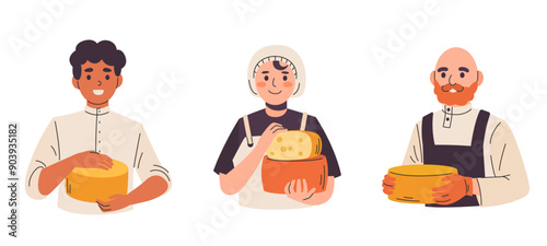 Illustration of Cheesemakers Holding Cheese Wheels