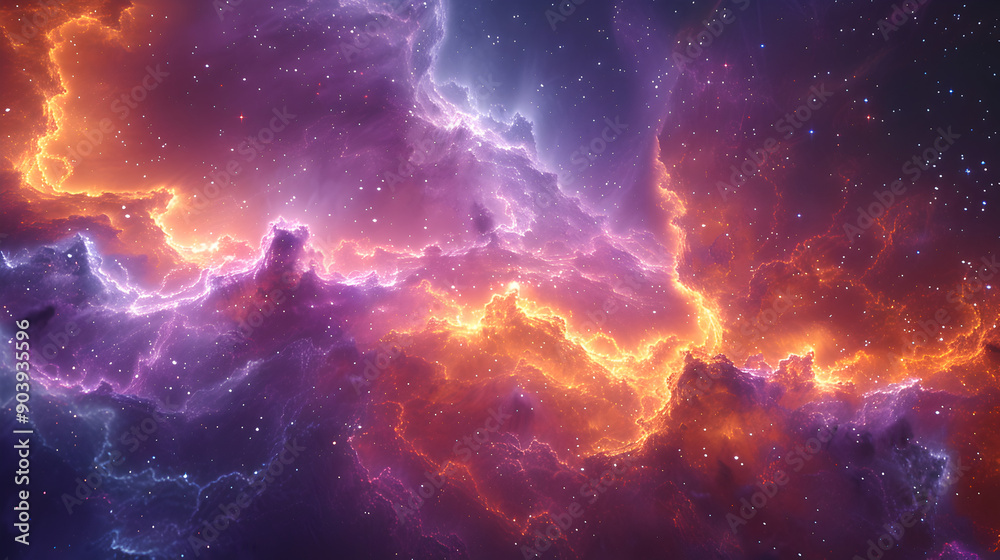 Obraz premium Cosmic scene with a dense, colorful nebula, where rich purples and blues intermingle with subtle hints of gold, symbolizing the mystery and vastness of space 