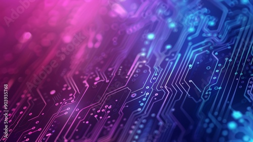 Close-up of a futuristic circuit board illuminated by vibrant neon lights, symbolizing modern technology.