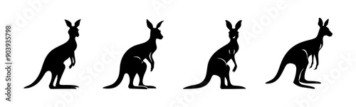 Black kangaroo silhouette cutout. Set of kangaroo animal silhouette on transparent background