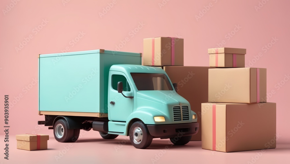 3d render of delivery truck with brown cardboard boxes for delivery. Mockup. Online shopping and delivery concept. Pastel background. 3d render of delivery truck with brown cardboard boxes for delivery. Mockup. Online shopping and delivery concept. Pastel background.