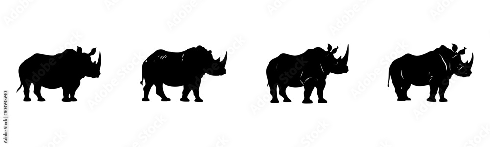Black rhino silhouette cutout. Set of rhino animal silhouette on transparent background