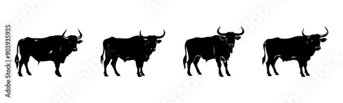 Black bull silhouette cutout. Set of cow animal silhouette on transparent background