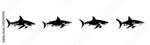 Black shark silhouette cutout. Set of shark animal silhouette on transparent background