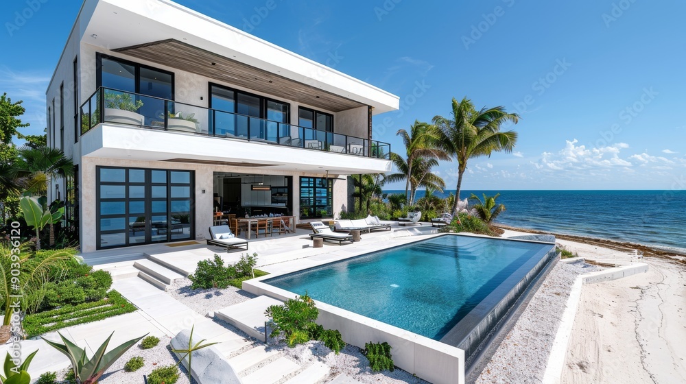 Fototapeta premium A beach house with an infinity pool, white walls and a black roof on the main floor and a second story balcony overlooking the ocean in paradise