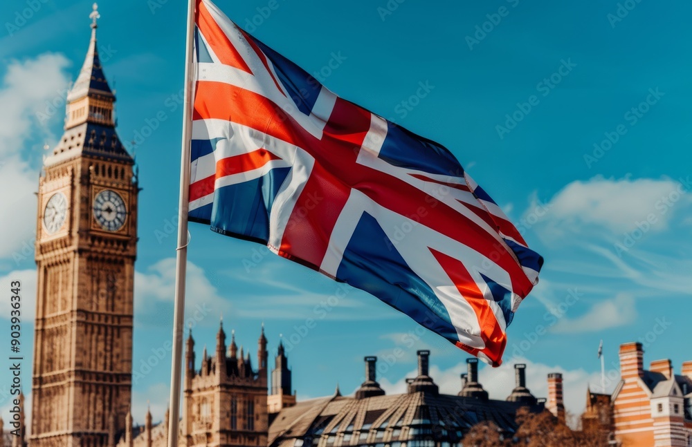Obraz premium British Union Jack flag blowing in the wind with big ben tower and the london houses of parliament in background. Pride and nationalism