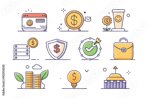 Clean minimalist icons depict various aspects of money, including coins, banknotes, and financial transactions.