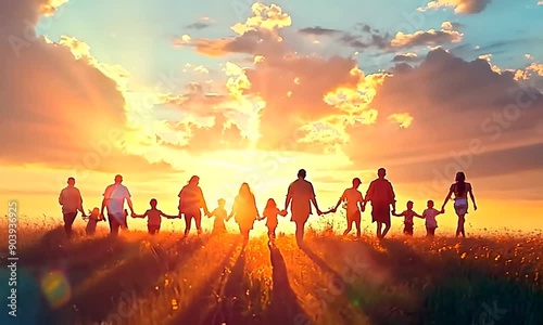a large group of people holding hands walking silhouette on nature sunset in the park.