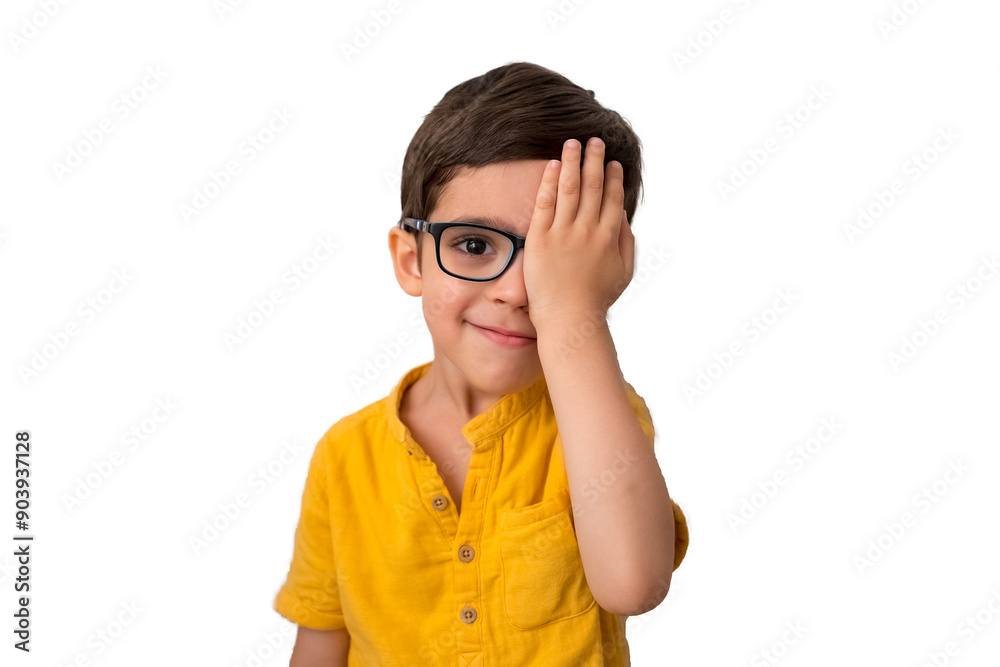 Portrait of little boy in glasses reviewing eyesight. Kid with eyeglasses close one eye with hand to chech vision in front of white background. Vision testing concept. Lazy eye, amblyopia, strabismus. Portrait of little boy in glasses reviewing eyesight. Kid with eyeglasses close one eye with hand to chech vision in front of white background. Vision testing concept. Lazy eye, amblyopia, strabismus.