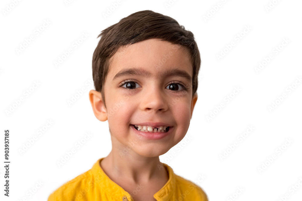 Portrait of happy smile boy without tooth, lost his first tooth. Isolated on white background. Dental care concept. Handsome boy with brown hair and big eyes Portrait of happy smile boy without tooth, lost his first tooth. Isolated on white background. Dental care concept. Handsome boy with brown hair and big eyes