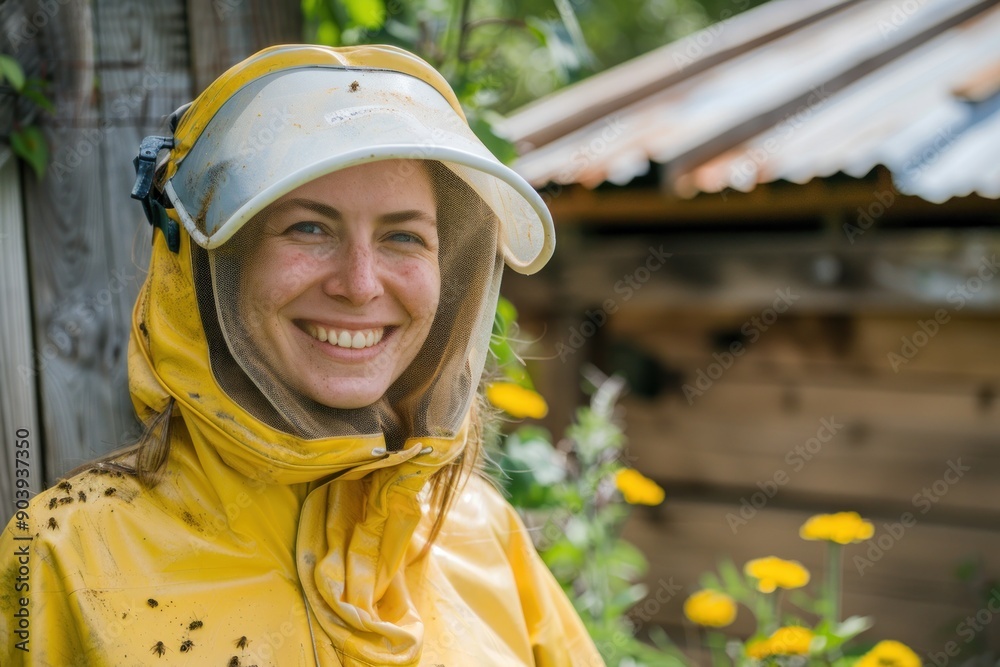 Woman wearing full body protection against bees. Smiling. Behind is bee house, making honey