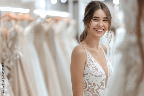 woman trying on wedding dress. Happy bride excited smile for wedding, happiness and marriage Free Download woman trying on wedding dress. Happy bride excited smile for wedding, happiness and marriage - GFXLoad