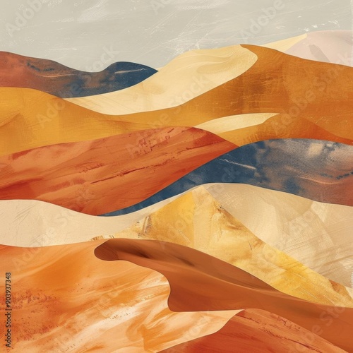 Abstract desert landscape with layered sand dunes in warm colors.