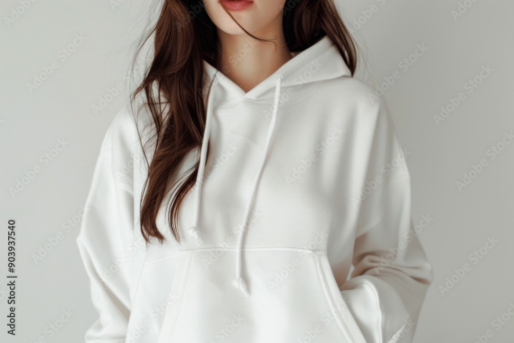 Woman wearing plain white hoodie for mockup. Fashion model female with white hoodie and neutral background Woman wearing plain white hoodie for mockup. Fashion model female with white hoodie and neutral background